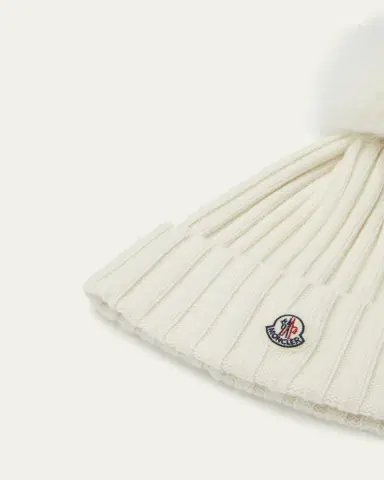 Moncler Ribbed Logo Beanie with Faux Fur Pom | Thumbnail 2 Moncler Ribbed Logo Beanie with Faux Fur Pom | Thumbnail 2