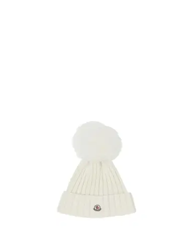 Moncler Ribbed Logo Beanie with Faux Fur Pom | Thumbnail 1 Moncler Ribbed Logo Beanie with Faux Fur Pom | Thumbnail 1