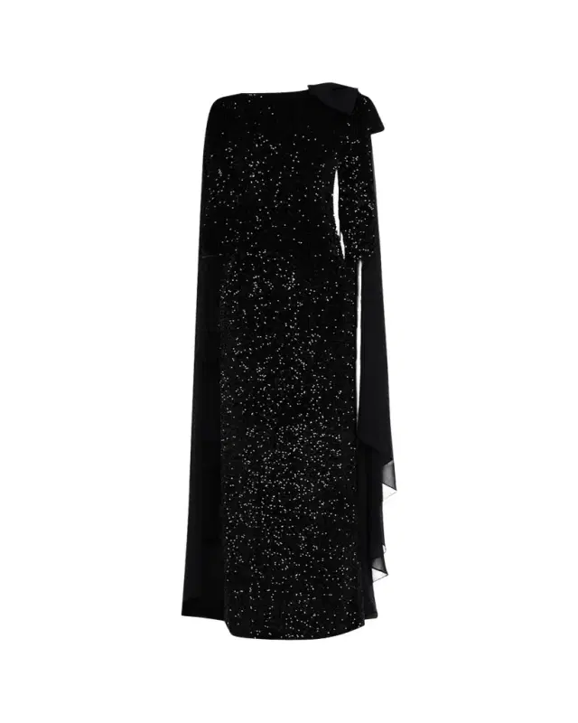 Rickie Freeman for Teri Jon Sequin Velvet Column Cape Gown