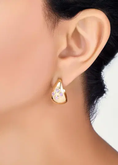 L. Klein 18K Yellow Gold Dome Hoop Earrings with Pink Sapphires | Thumbnail 2 L. Klein 18K Yellow Gold Dome Hoop Earrings with Pink Sapphires | Thumbnail 2