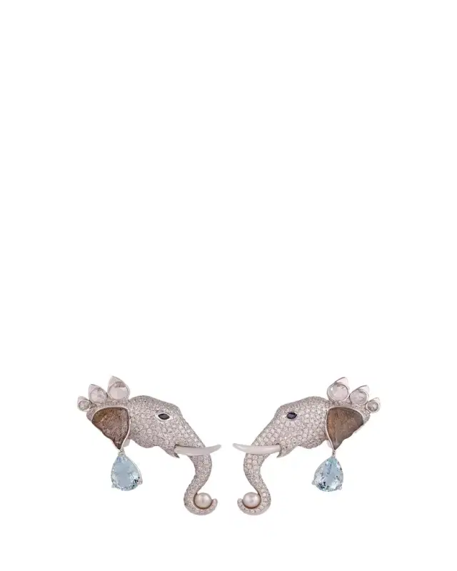 Gyan Jaipur 18K White Gold Elephant Diamond and Gemstone Earrings, One-Of-A-Kind