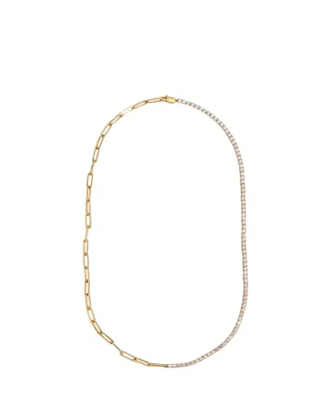 Kendall Row 14K Yellow Gold Half Tennis Half Paperclip Necklace, 16.5"L