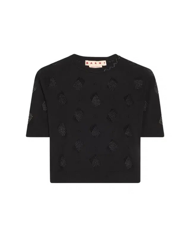 Short-Sleeve Perforated Knit Slim Sweater
