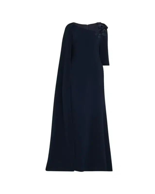 Rickie Freeman for Teri Jon Cape-Sleeve Floral Applique Trumpet Gown