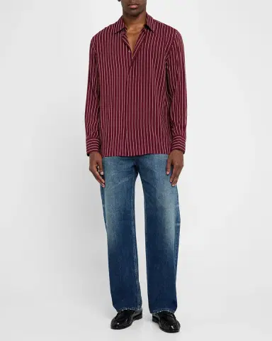 Saint Laurent Men's Vertical Stripe Silk Sport Shirt | Thumbnail 2