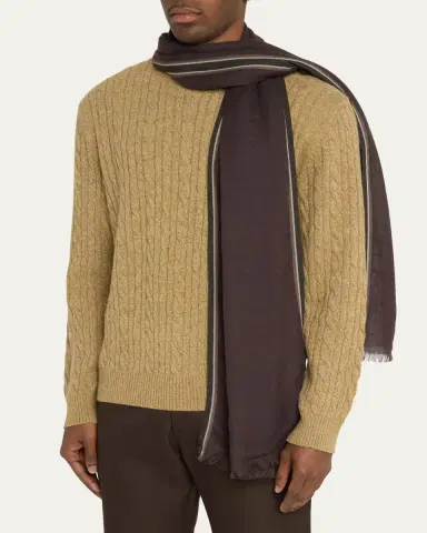 Loro Piana Men's Stripe-Trim Baby Cashmere Scarf | Thumbnail 3 Loro Piana Men's Stripe-Trim Baby Cashmere Scarf | Thumbnail 3