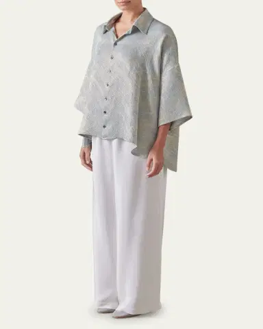 Eskandar Sloped Shoulder Wide A-Line Short Sleeve Shirt With Collar (Mid Length) | Thumbnail 2
