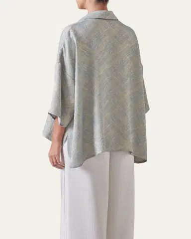 Eskandar Sloped Shoulder Wide A-Line Short Sleeve Shirt With Collar (Mid Length) | Thumbnail 3