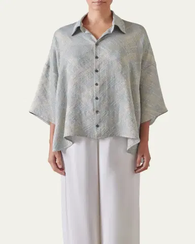 Eskandar Sloped Shoulder Wide A-Line Short Sleeve Shirt With Collar (Mid Length) | Thumbnail 4