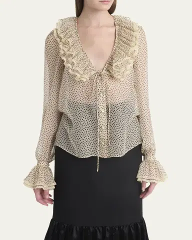 Valentino Garavani Micro Polka Dot Ruffle Chiffon Blouse | Thumbnail 4