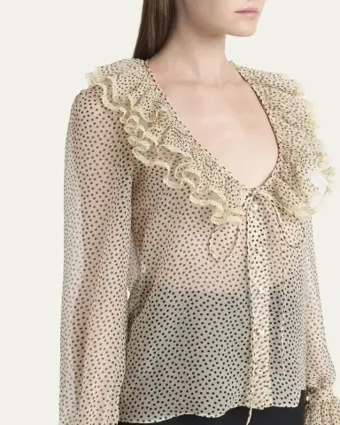 Valentino Garavani Micro Polka Dot Ruffle Chiffon Blouse | Thumbnail 5