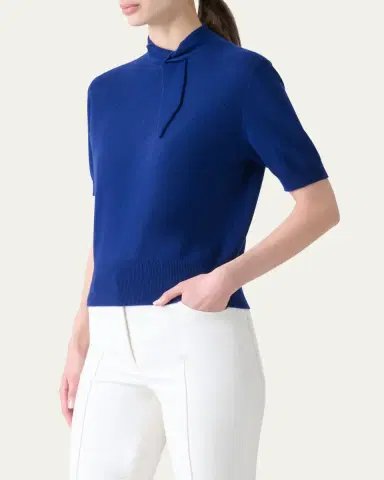 Akris Neck-Tie Cashmere Short-Sleeve Sweater | Thumbnail 4