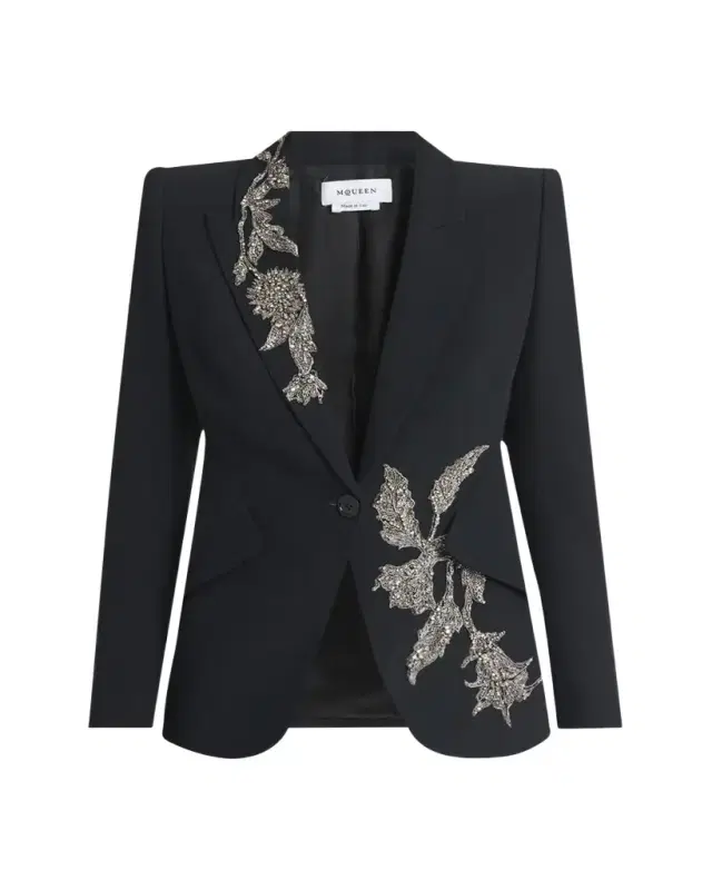 Floral Crystal One-Button Crepe Blazer