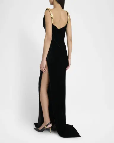 Balmain Button Cowl-Neck Velvet Slit Maxi Dress | Thumbnail 2