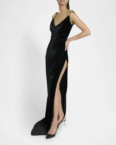 Balmain Button Cowl-Neck Velvet Slit Maxi Dress | Thumbnail 3