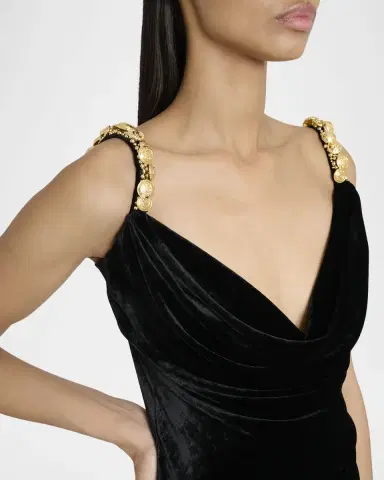 Balmain Button Cowl-Neck Velvet Slit Maxi Dress | Thumbnail 4