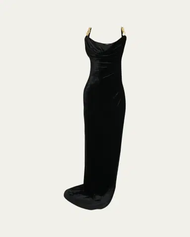 Balmain Button Cowl-Neck Velvet Slit Maxi Dress | Thumbnail 5