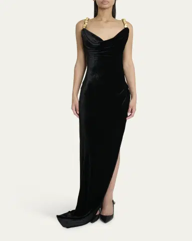 Balmain Button Cowl-Neck Velvet Slit Maxi Dress | Thumbnail 6