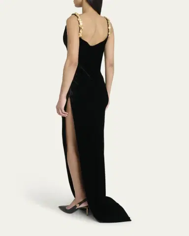 Balmain Button Cowl-Neck Velvet Slit Maxi Dress | Thumbnail 7
