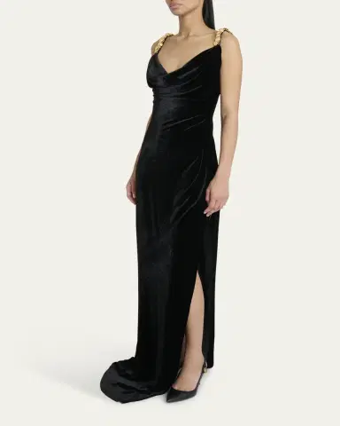 Balmain Button Cowl-Neck Velvet Slit Maxi Dress | Thumbnail 8