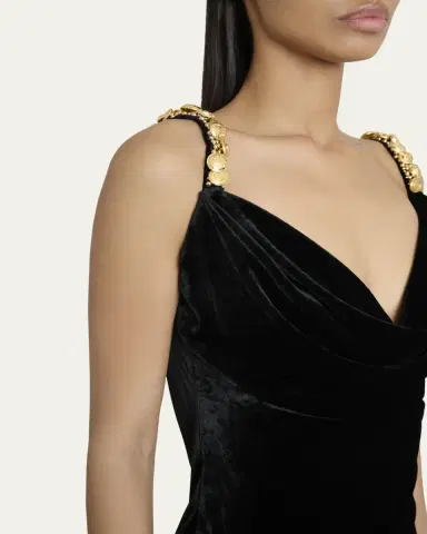 Balmain Button Cowl-Neck Velvet Slit Maxi Dress | Thumbnail 9
