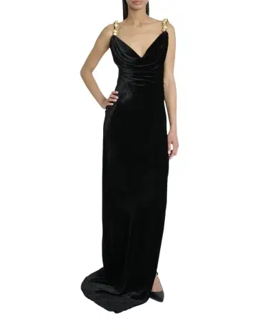Balmain Button Cowl-Neck Velvet Slit Maxi Dress | Thumbnail 1