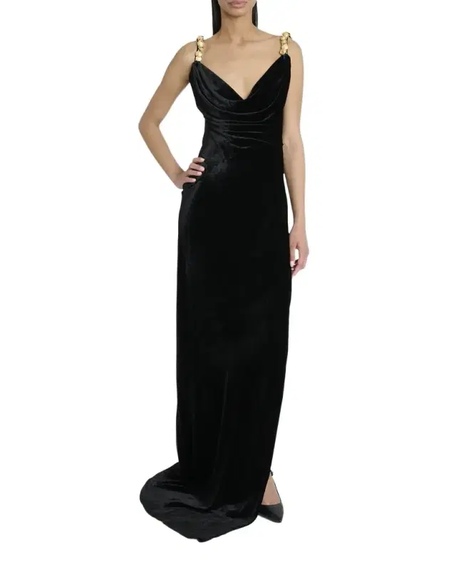 Button Cowl-Neck Velvet Slit Maxi Dress