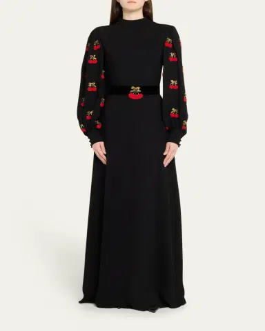 Valentino Garavani Cherry Embroidered Belted Puff-Sleeve Gown | Thumbnail 2 Valentino Garavani Cherry Embroidered Belted Puff-Sleeve Gown | Thumbnail 2