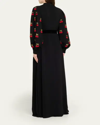 Valentino Garavani Cherry Embroidered Belted Puff-Sleeve Gown | Thumbnail 3 Valentino Garavani Cherry Embroidered Belted Puff-Sleeve Gown | Thumbnail 3