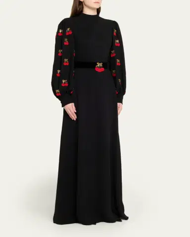 Valentino Garavani Cherry Embroidered Belted Puff-Sleeve Gown | Thumbnail 4 Valentino Garavani Cherry Embroidered Belted Puff-Sleeve Gown | Thumbnail 4