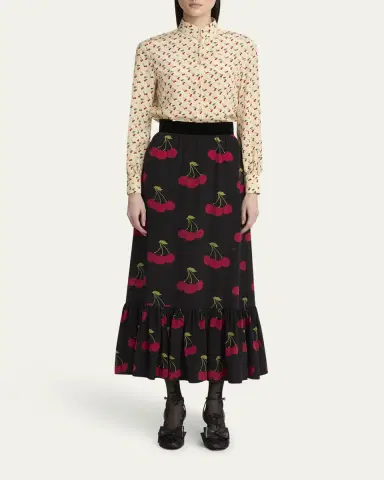Valentino Garavani Cherry Print Flounce Silk Maxi Skirt | Thumbnail 2