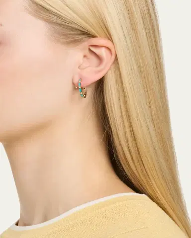 Sydney Evan 14K Gold Baguette Turquoise and Round Diamond Hoop Earrings | Thumbnail 2