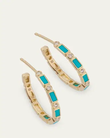 Sydney Evan 14K Gold Baguette Turquoise and Round Diamond Hoop Earrings | Thumbnail 3
