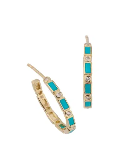 Sydney Evan 14K Gold Baguette Turquoise and Round Diamond Hoop Earrings | Thumbnail 1