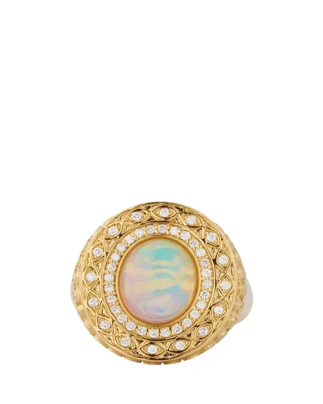 14K Yellow Gold Marquise Eye Opal Cabochon Signet Ring with Diamonds