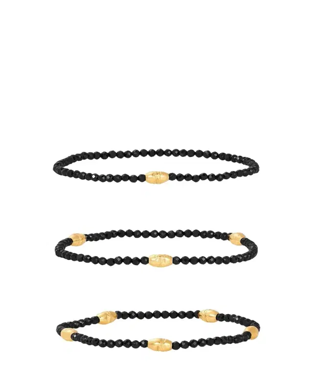 3mm Micro Faceted Black Spinel Stone and 14K Gold-Filled Textured Orzo Bead Bracelet Set