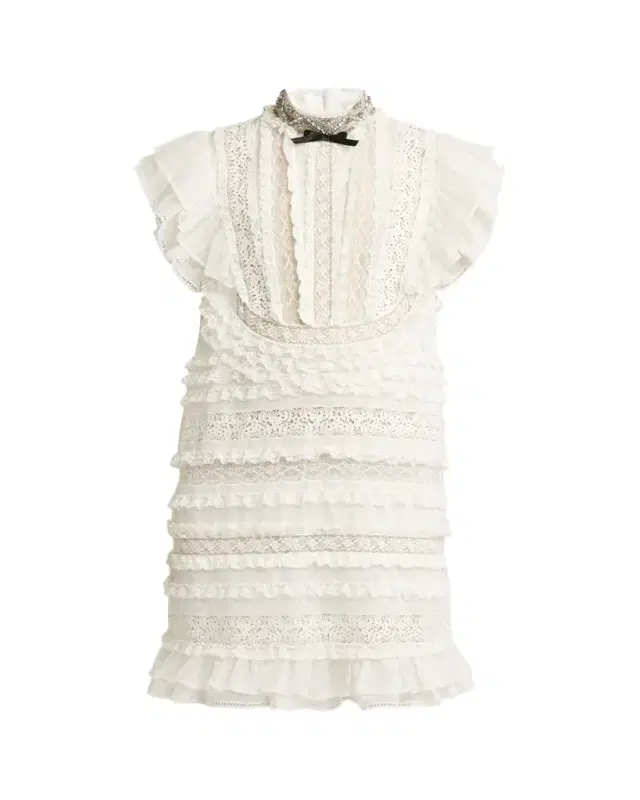 Valentino Garavani Crystal Neckline Ruffle Bow Linen Dress