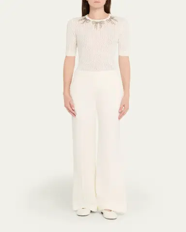 Valentino Garavani Crystal Bow Collar Short-Sleeve Pointelle Knit Top | Thumbnail 2 Valentino Garavani Crystal Bow Collar Short-Sleeve Pointelle Knit Top | Thumbnail 2