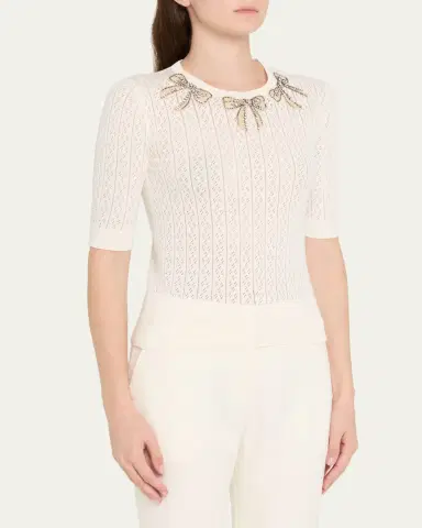 Valentino Garavani Crystal Bow Collar Short-Sleeve Pointelle Knit Top | Thumbnail 4 Valentino Garavani Crystal Bow Collar Short-Sleeve Pointelle Knit Top | Thumbnail 4