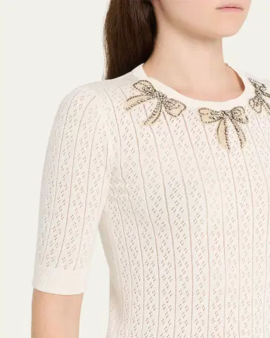 Valentino Garavani Crystal Bow Collar Short-Sleeve Pointelle Knit Top | Thumbnail 5 Valentino Garavani Crystal Bow Collar Short-Sleeve Pointelle Knit Top | Thumbnail 5