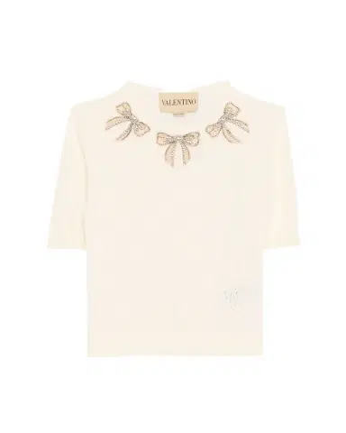 Valentino Garavani Crystal Bow Collar Short-Sleeve Pointelle Knit Top | Thumbnail 1 Valentino Garavani Crystal Bow Collar Short-Sleeve Pointelle Knit Top | Thumbnail 1