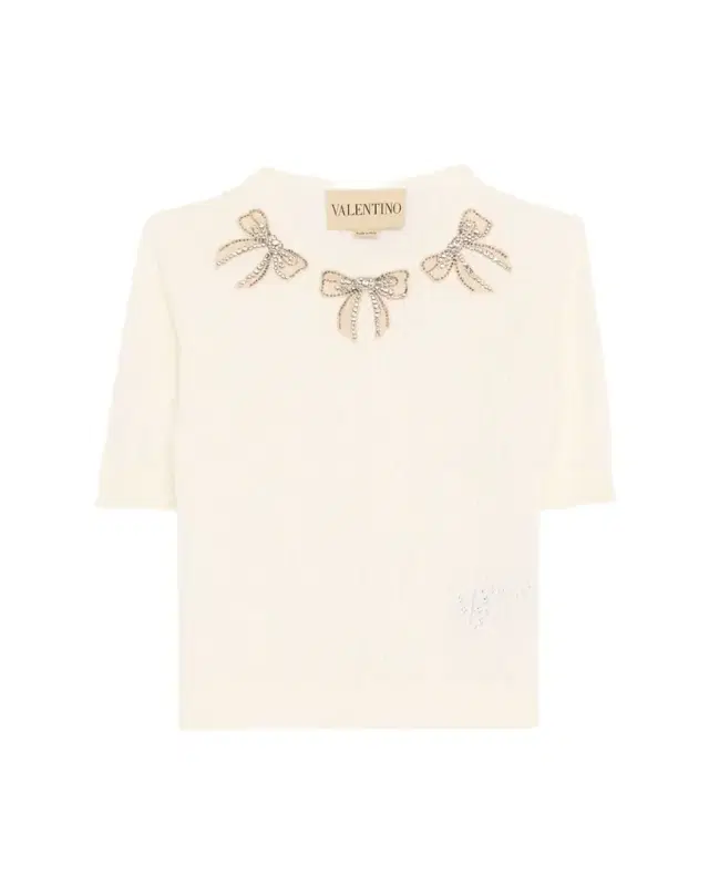 Valentino Garavani Crystal Bow Collar Short-Sleeve Pointelle Knit Top