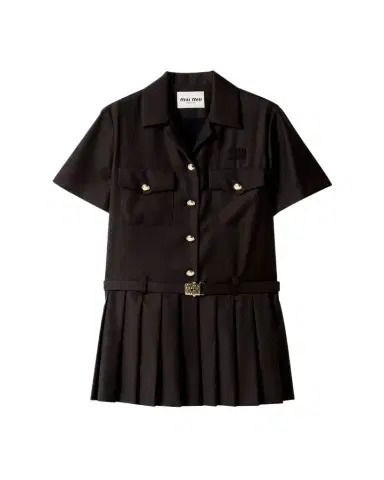 Miu Miu Short-Sleeve Pleated Mini Shirtdress With Belt | Thumbnail 1 Miu Miu Short-Sleeve Pleated Mini Shirtdress With Belt | Thumbnail 1