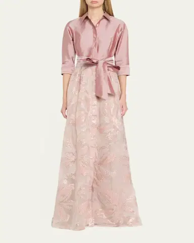 Rickie Freeman for Teri Jon Taffeta & Floral Jacquard Shirt Gown | Thumbnail 2 Rickie Freeman for Teri Jon Taffeta & Floral Jacquard Shirt Gown | Thumbnail 2