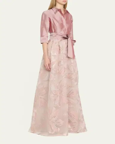 Rickie Freeman for Teri Jon Taffeta & Floral Jacquard Shirt Gown | Thumbnail 4 Rickie Freeman for Teri Jon Taffeta & Floral Jacquard Shirt Gown | Thumbnail 4