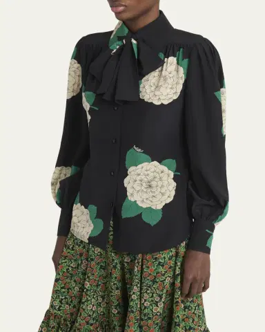 Valentino Garavani Floral Print Tie-Neck Silk Blouse | Thumbnail 4