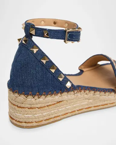 Valentino Garavani 55mm Rockstud Denim Wedge Espadrille Sandals | Thumbnail 4
