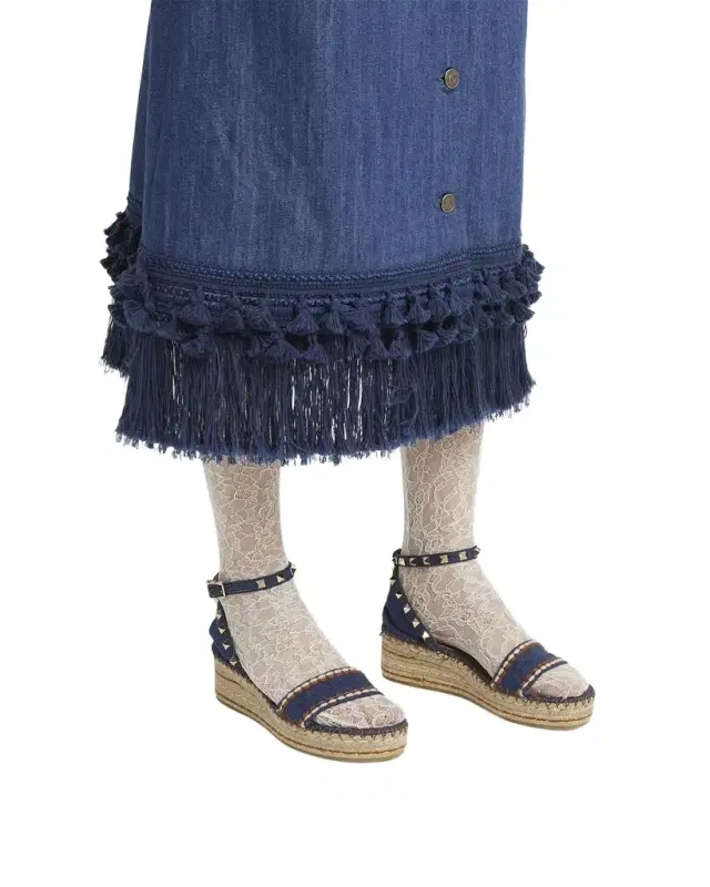 55mm Rockstud Denim Wedge Espadrille Sandals