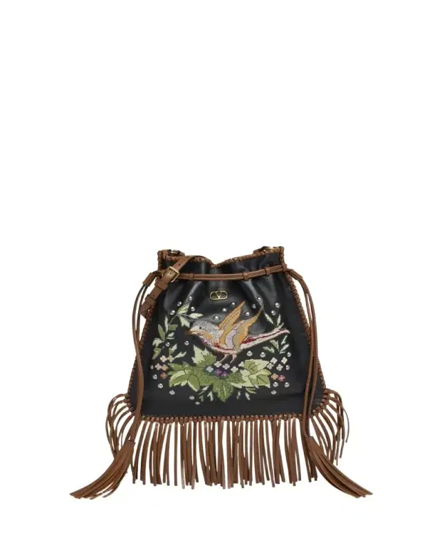 Valentino Garavani Nellcote Alice Large Fringe Studded Leather Bucket Bag