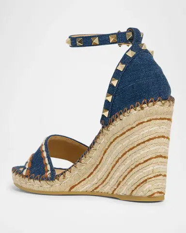 Valentino Garavani 105mm Rockstud Denim Wedge Espadrille Sandals | Thumbnail 3